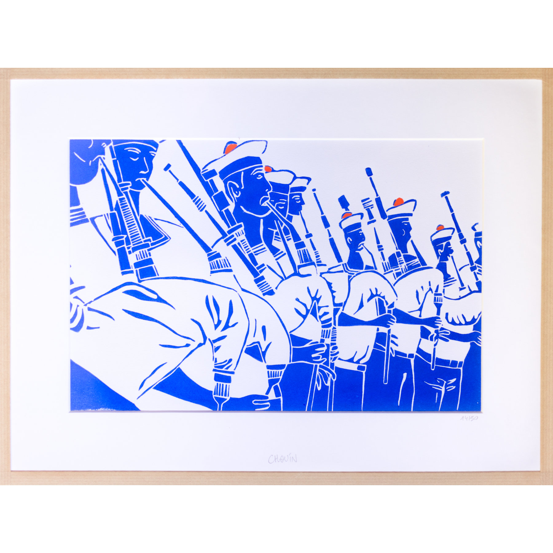 Linogravure Morgane Chouin 'Joueurs de biniou' 30x40