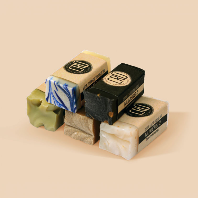 Lot de 5 petits savon cru_artisanaux_locaux_saponnification à froid_naturel_bienfait_salle de bain_savonnerie cru_saponnification à froid_anne_L'Inatelier Nantes_Boutique 100% fabrication française_zoom_détail