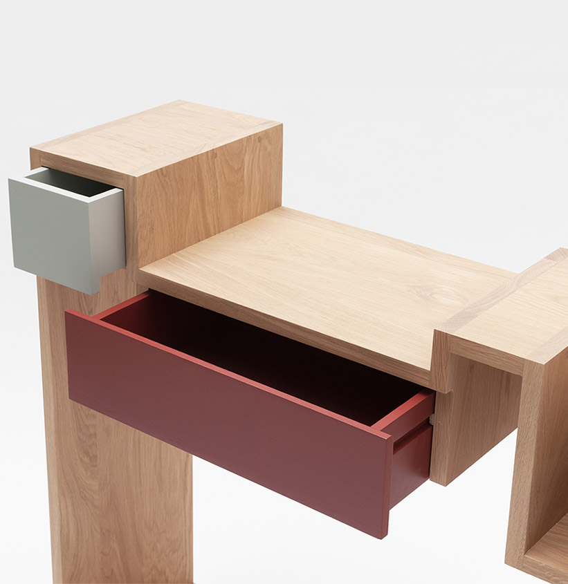console-glycine_Drugeot Manufacture_L'Inatelier_Nantes_Déco_chêne massif_bois_surmesure_bureau_meuble_tiroir_personnalisable_détail tiroirs ouverts