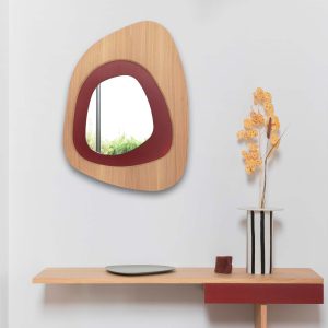 Miroir Galet Drugeot Manufacture_L'Inatelier_Bois massif_chêne_frêne_couleurs_personnalisable_naturel_graphique_chambre_salon_rouge_profondeur_made in france_Nantes_Anjou_artisanat français_handmade_déco_décoration_home_détail_ambiance_studio pourquoi pas