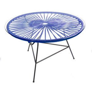 table basse ronde exterieur Zipolite Boqa_salon de jardin_design_pvc_tressage polyvinyl_terrasse_balcon_picsince_été_mobilier ext_couleur_personnalisable_plateau en verre_made in France_L'Inatelier_Nantes_boutique déco_artisanat français_bleu nuit_3/4 haut_structure acier noir_zoom
