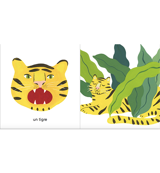livre enfant_edition jeunesse_maison_Eliza_Couverture-Petits-et-grands-de-la-jungle-Agathe singer_illustratrice_l'inatelier_nantes_made in france_ dès 6 mois_livre bébé_graphique_couleurs_apprentissage_cartonné_550x550_détail illustration_double page_tigre